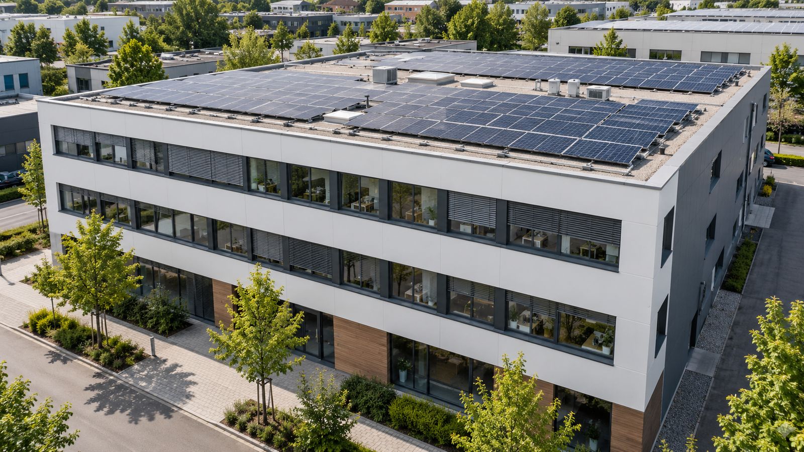 Office and commercial building with a visible photovoltaic system on the flat roof