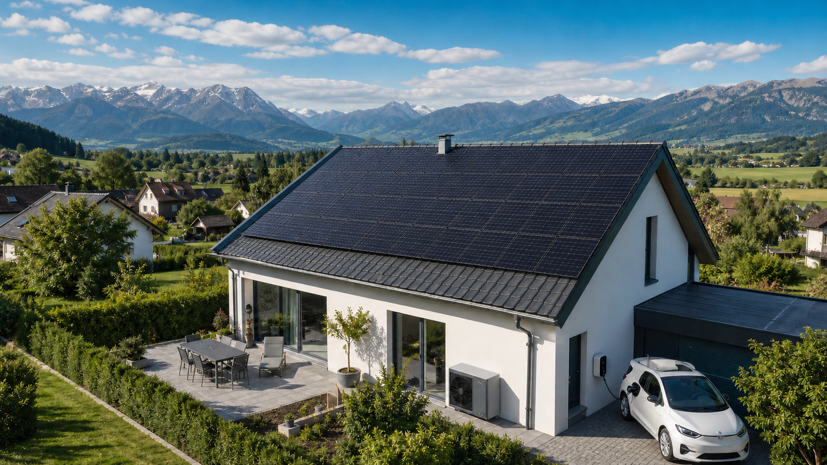 Gleichmässige Photovoltaikanlage auf einem Schweizer Einfamilienhaus mit Wärmepumpe und E-Auto