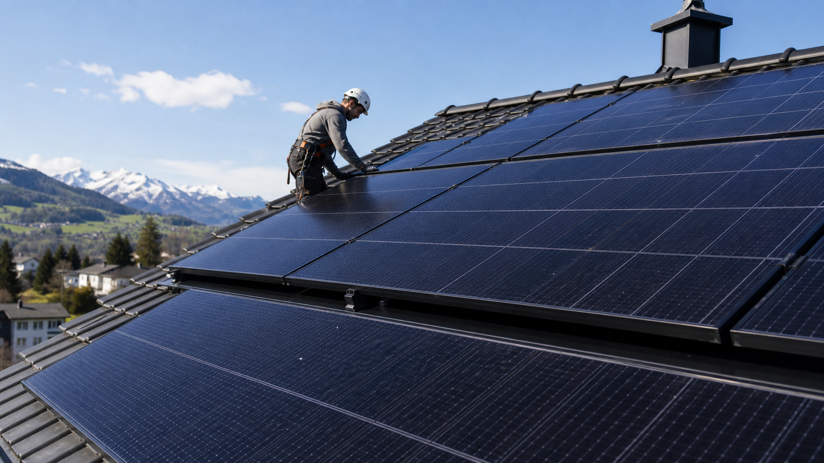 Installateur prüft moderne Solarmodule auf einem Schweizer Hausdach