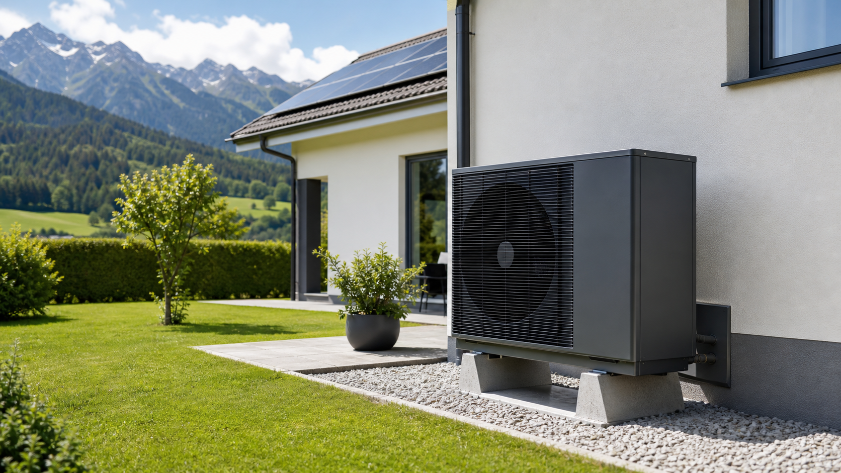 Luft-Wasser-Wärmepumpe neben einem Schweizer Einfamilienhaus mit Photovoltaikanlage