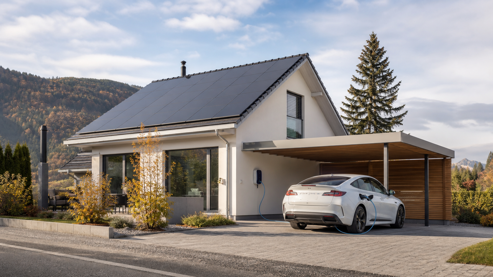 Elektroauto lädt an einer Wallbox mit Solarstrom aus einer Photovoltaikanlage